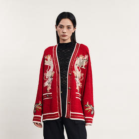 谜底新年红针织开衫女2024春新款V领中国龙绣花毛衣外套241MZ0317