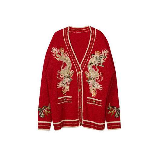 谜底新年红针织开衫女2024春新款V领中国龙绣花毛衣外套241MZ0317 商品图4