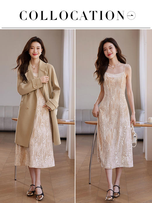 【专属特价】熙世界法式珠片亮片丝绒吊带连衣裙女秋冬气质名媛宴会晚礼服长裙 商品图4