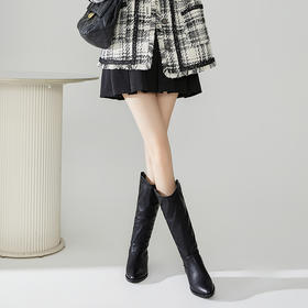 西遇西部牛仔靴女2023新款秋冬复古美拉德高筒靴棕色粗跟尖头长靴P0034277