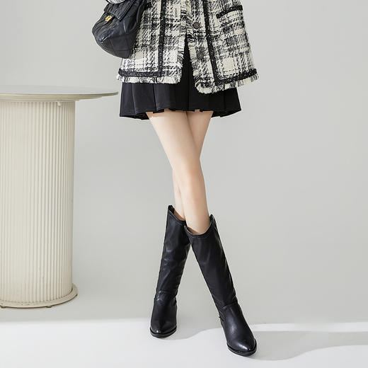 西遇西部牛仔靴女2023新款秋冬复古美拉德高筒靴棕色粗跟尖头长靴P0034277 商品图0