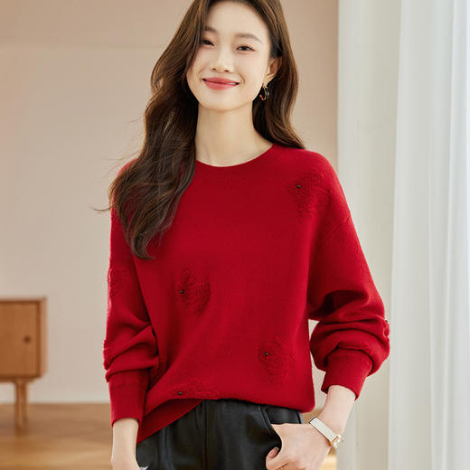 低圆领红色毛衣，秋冬新款慵懒风内搭上衣小个子针织打底衫CC-JDS-8667 商品图2