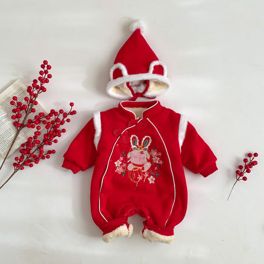 冬季男女宝宝加厚爬服新生婴儿连体衣国潮刺绣兔子加绒棉 衣拜年服 商品图3