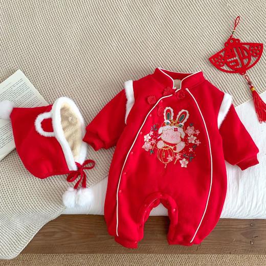 冬季男女宝宝加厚爬服新生婴儿连体衣国潮刺绣兔子加绒棉 衣拜年服 商品图5