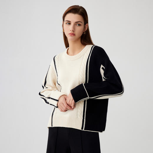 【黑白撞色绞花毛衣】羊绒世家秋冬新品女士100%山羊绒圆领内搭保暖针织毛衣 商品图0