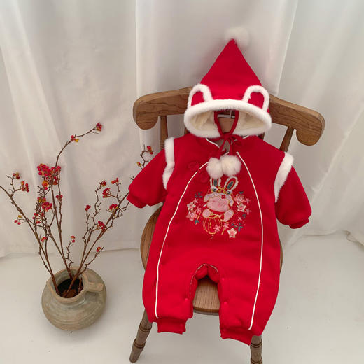 冬季男女宝宝加厚爬服新生婴儿连体衣国潮刺绣兔子加绒棉 衣拜年服 商品图2