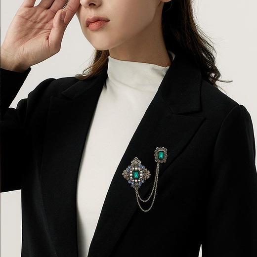 绿水晶复古胸针女宫廷风轻奢胸花气质小众链条胸针男丝巾扣 商品图2