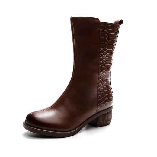 水洗头层软牛皮圆头中筒侧拉链粗跟中跟皮靴 商品图4