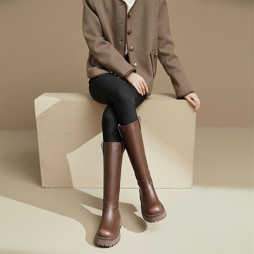 西遇厚底骑士靴女新款秋冬擦色复古一脚蹬长筒靴小个子长靴子20034337 商品图2