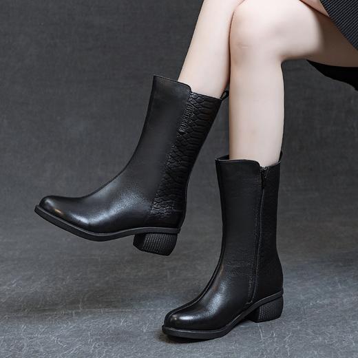 水洗头层软牛皮圆头中筒侧拉链粗跟中跟皮靴 商品图1