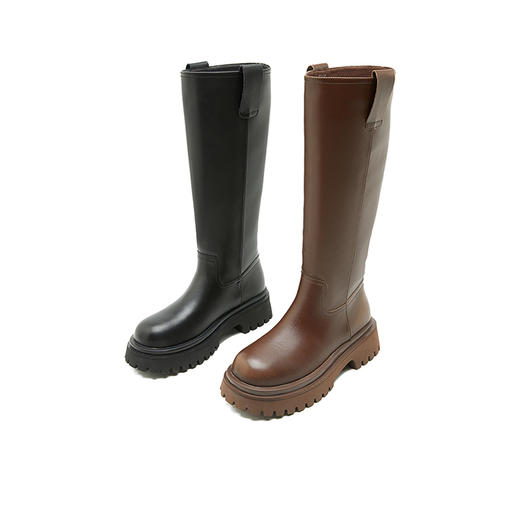 西遇厚底骑士靴女新款秋冬擦色复古一脚蹬长筒靴小个子长靴子20034337 商品图4