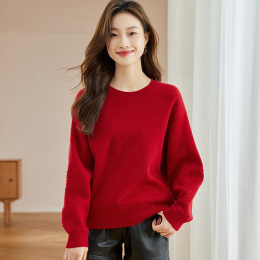 低圆领红色毛衣，秋冬新款慵懒风内搭上衣小个子针织打底衫CC-JDS-8667 商品图1