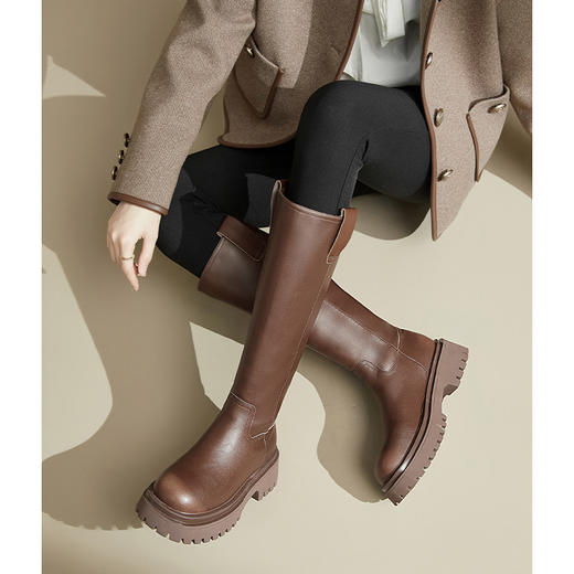 西遇厚底骑士靴女新款秋冬擦色复古一脚蹬长筒靴小个子长靴子20034337 商品图0