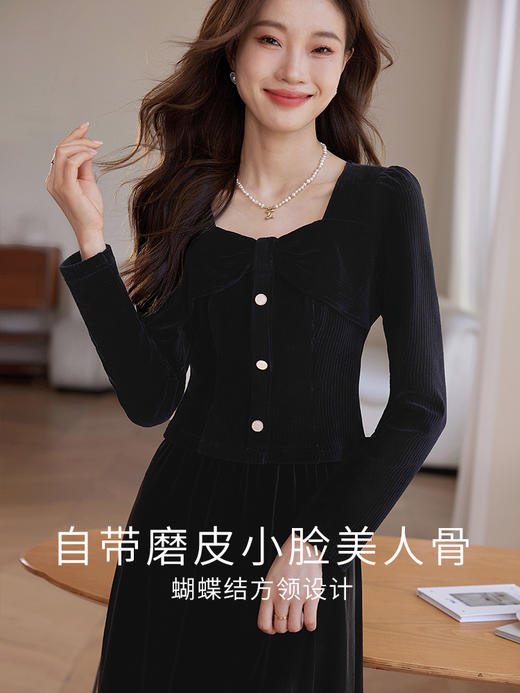 【专属特惠】熙世界跨年套装女秋冬黑色千金小香风灯芯绒半身裙连衣裙两件套装 商品图1