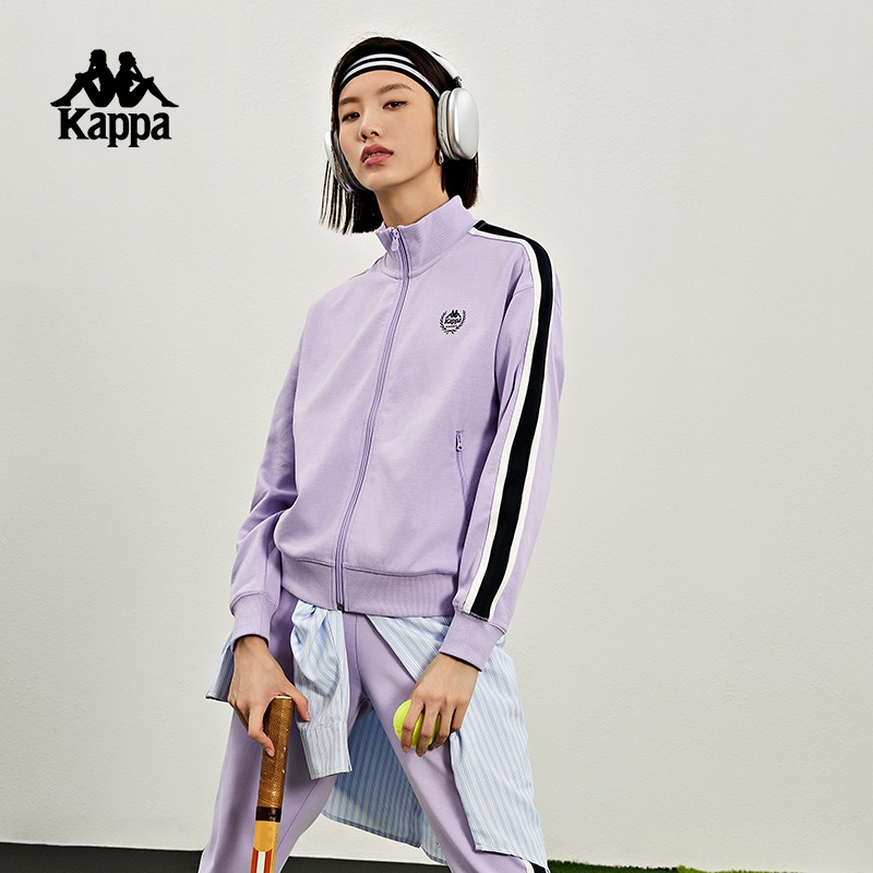Kappa卡帕复古运动针织开衫新款女立领休闲卫衣撞色长袖外套K0D62WK29