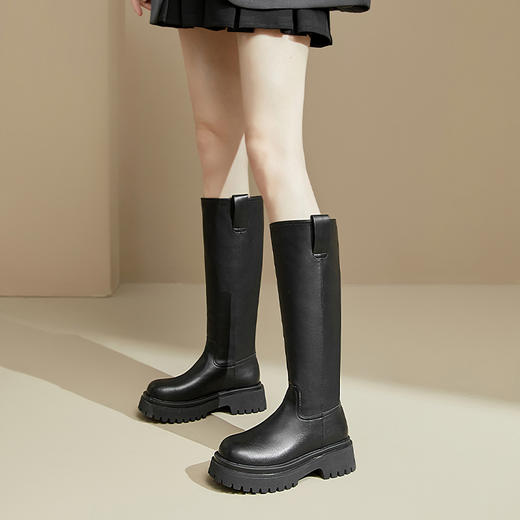 西遇厚底骑士靴女新款秋冬擦色复古一脚蹬长筒靴小个子长靴子20034337 商品图3
