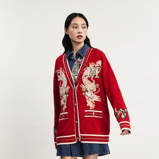 谜底新年红针织开衫女2024春新款V领中国龙绣花毛衣外套241MZ0317 商品图1