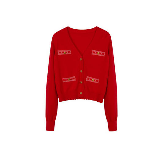 谜底针织开衫女2024春季新款小香风V领时尚修身短款毛衫241MZ0305 商品图4