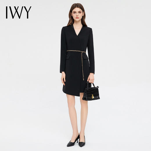 IWY/时尚V领黑色连衣裙女绑带显瘦职业西装长裙通勤商务上班面试正装Q13333 商品图2