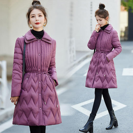 冬季新款，小香风波纹羽绒棉女温柔减龄收腰显瘦中长款棉衣外套（配腰带）HR-YM23860 商品图0
