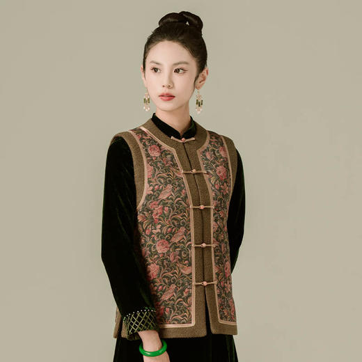 荷言HEYEN雁秋咖啡色棕色香云纱非遗马甲真丝花纹上衣棉衣旗袍高级定制 商品图3