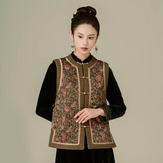 荷言HEYEN雁秋咖啡色棕色香云纱非遗马甲真丝花纹上衣棉衣旗袍高级定制 商品图1