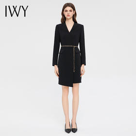 IWY/时尚V领黑色连衣裙女绑带显瘦职业西装长裙通勤商务上班面试正装Q13333