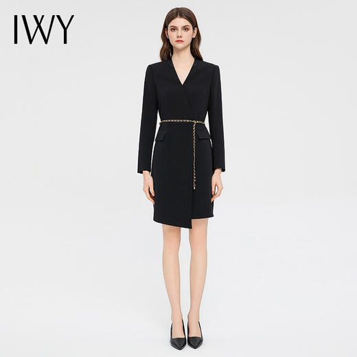 IWY/时尚V领黑色连衣裙女绑带显瘦职业西装长裙通勤商务上班面试正装Q13333 商品图0