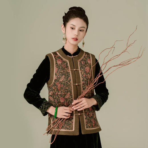 荷言HEYEN雁秋咖啡色棕色香云纱非遗马甲真丝花纹上衣棉衣旗袍高级定制 商品图0