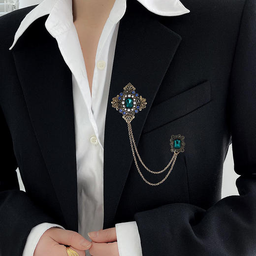 绿水晶复古胸针女宫廷风轻奢胸花气质小众链条胸针男丝巾扣 商品图1