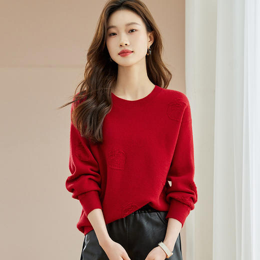 低圆领红色毛衣，秋冬新款慵懒风内搭上衣小个子针织打底衫CC-JDS-8667 商品图0