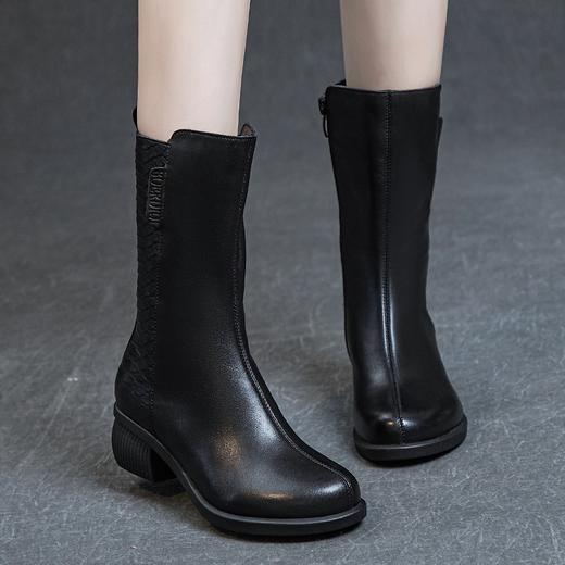 水洗头层软牛皮圆头中筒侧拉链粗跟中跟皮靴 商品图3