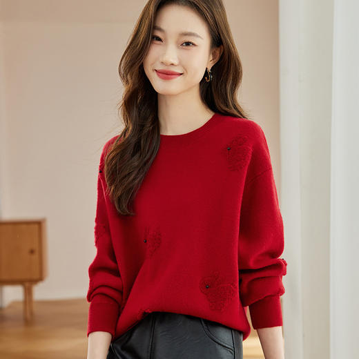 低圆领红色毛衣，秋冬新款慵懒风内搭上衣小个子针织打底衫CC-JDS-8667 商品图3