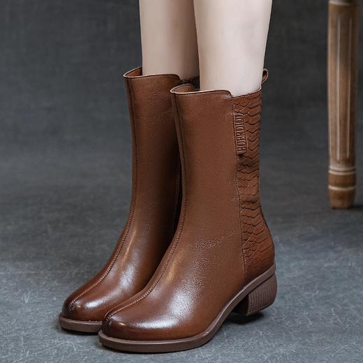 水洗头层软牛皮圆头中筒侧拉链粗跟中跟皮靴 商品图2