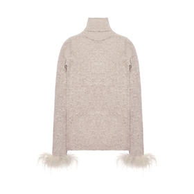 驼色高领可拆式鸵鸟毛袖口修身羊毛针织衣