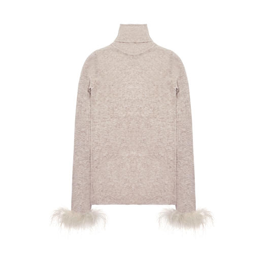 驼色高领可拆式鸵鸟毛袖口修身羊毛针织衣 商品图0