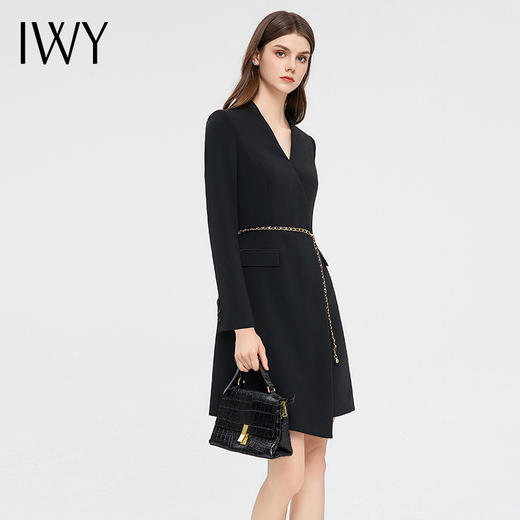 IWY/时尚V领黑色连衣裙女绑带显瘦职业西装长裙通勤商务上班面试正装Q13333 商品图3