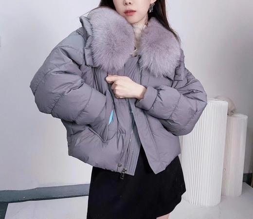 灰色狐狸毛大毛领外套宽松鹅绒羽绒服短款 商品图0