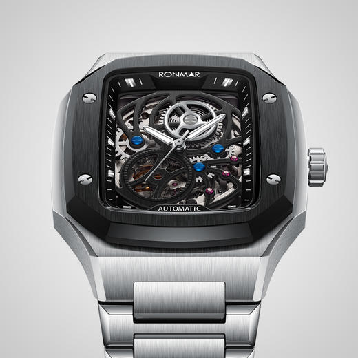 朗玛 RONMAR 开拓者系列镂空全自动机械机芯手表男士方形潮流腕表 RM-003 钢带/胶带 商品图2