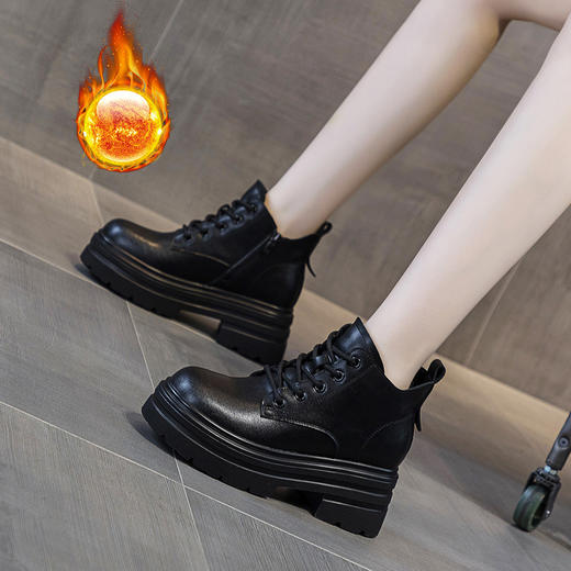 厚底增高新款松糕底中帮，休闲系带短靴女潮加绒AM-398 商品图0