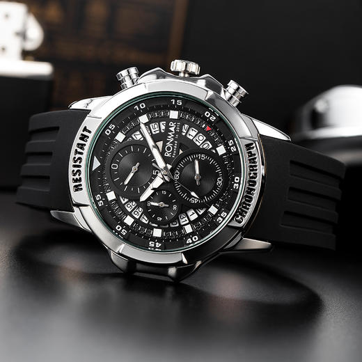 朗玛 RONMAR 熊猫系列三眼六针多功能计时石英手表男士运动腕表 SR01 商品图0