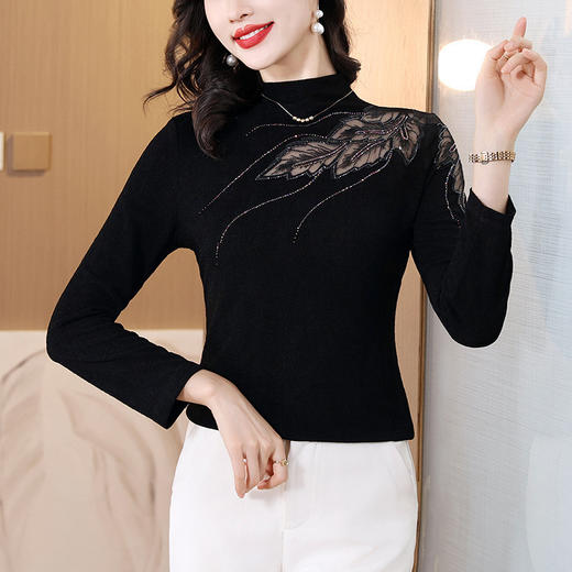 KQL-A26N6591时尚洋气半高领打底衫女士镂空上衣2024春季新款烫钻漂亮T恤小衫 商品图0