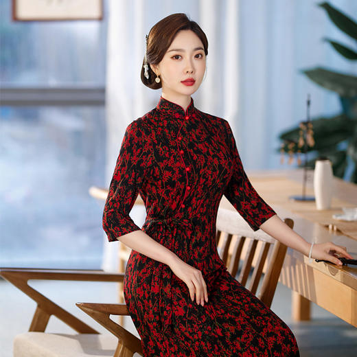 SYG-528春新款弹力蕾丝复古长款旗袍连衣裙中国风优雅立领改良旗袍女 商品图3