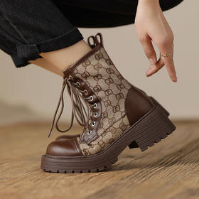 复古棕色马丁靴，女真皮拼色厚底鞋新款配裙子小短靴AMN-07-85