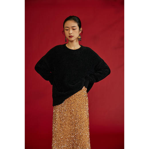 HeyDress软糯仿貂毛毛衣女冬季圆领宽松慵懒感金丝套头针织衫上衣 商品图5