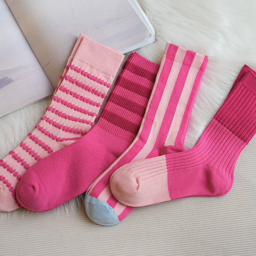 女士棉质韩系粉色系中长筒袜4双装 商品图0