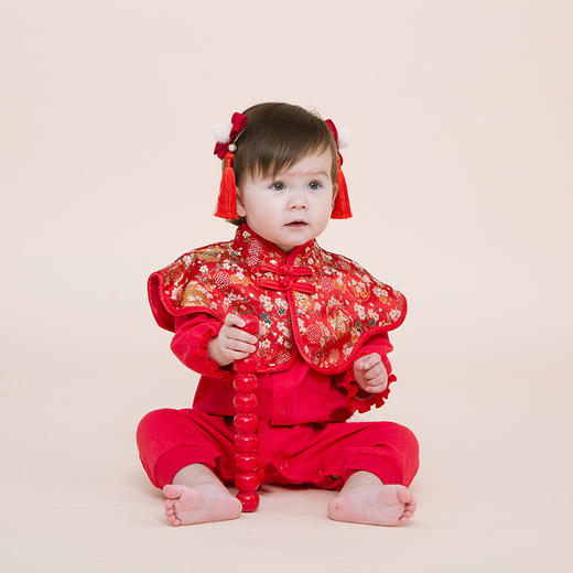 【初生礼遇 绵柔呵护】女宝秋装抓周周岁连体衣婴儿衣服新生儿满月百天唐装生日宴套装红 商品图3
