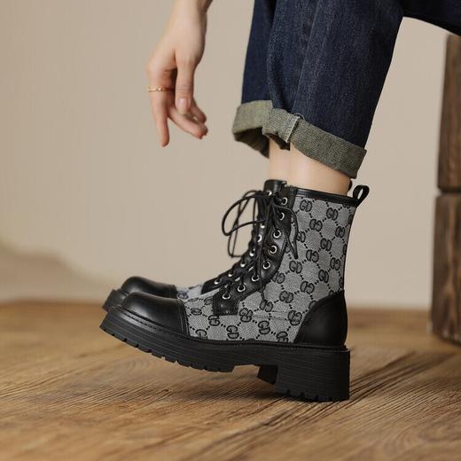 复古棕色马丁靴，女真皮拼色厚底鞋新款配裙子小短靴AMN-07-85 商品图2