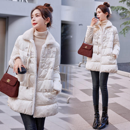 冬季保暖，羽绒真毛领拼接盘扣新款90白鸭绒羽绒服HR-HYGG9006 商品图0
