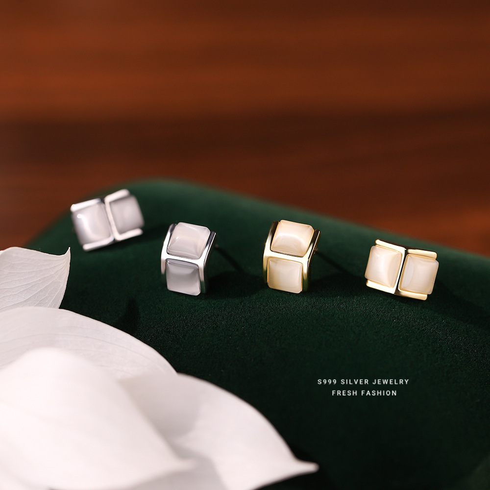 【玲悠】S999银足银猫眼石几何耳饰【YXS-E3043】